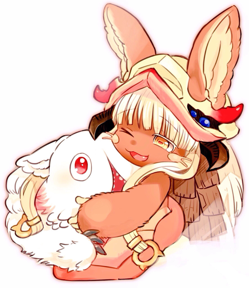 ;3 ;d animal_ears bangs bunny_ears colored_eyelashes eyebrows_visible_through_hair fang fur furry highres horizontal_pupils hug long_hair long_sleeves looking_at_another made_in_abyss mitty_(made_in_abyss) nanachi_(made_in_abyss) one_eye_closed open_mouth satokichi simple_background smile whiskers white_background white_hair
