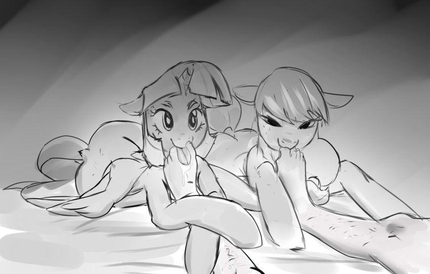 ambiguous_gender applejack_(mlp) bestiality equine female female/ambiguous feral foot_fetish friendship_is_magic furrniture greyscale horse human human_on_feral interspecies licking mammal monochrome my_little_pony pony sucking toes tongue tongue_out twilight_sparkle_(mlp)