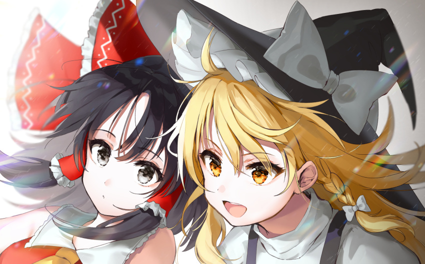 :o bare_shoulders black_hair blonde_hair blurry bow braid commentary_request cravat depth_of_field eyebrows_visible_through_hair eyes_visible_through_hair hair_between_eyes hair_blowing hair_bow hair_ribbon hair_tubes hakurei_reimu hat high_collar highres kirisame_marisa kiyosato0928 leaning_forward leaning_to_the_side lens_flare long_hair looking_at_viewer looking_to_the_side medium_hair multiple_girls open_mouth red_vest ribbon shirt sidelocks silver_eyes simple_background single_braid touhou tress_ribbon upper_body vest white_background white_shirt witch_hat yellow_eyes yellow_neckwear