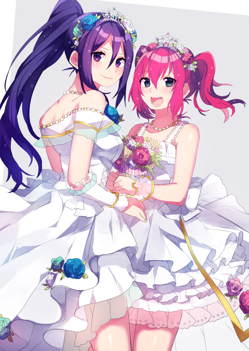 :d absurdres aqua_eyes armband bangs bare_arms bare_shoulders commentary_request crown detached_sleeves dress flower frilled_dress frills hair_flower hair_ornament high_ponytail highres jewelry kurosawa_ruby long_hair love_live! love_live!_sunshine!! mashiro_(rikuya) matsuura_kanan multicolored multicolored_background multiple_girls necklace open_mouth ponytail purple_eyes purple_hair red_hair smile two_side_up wedding wedding_dress wife_and_wife yuri
