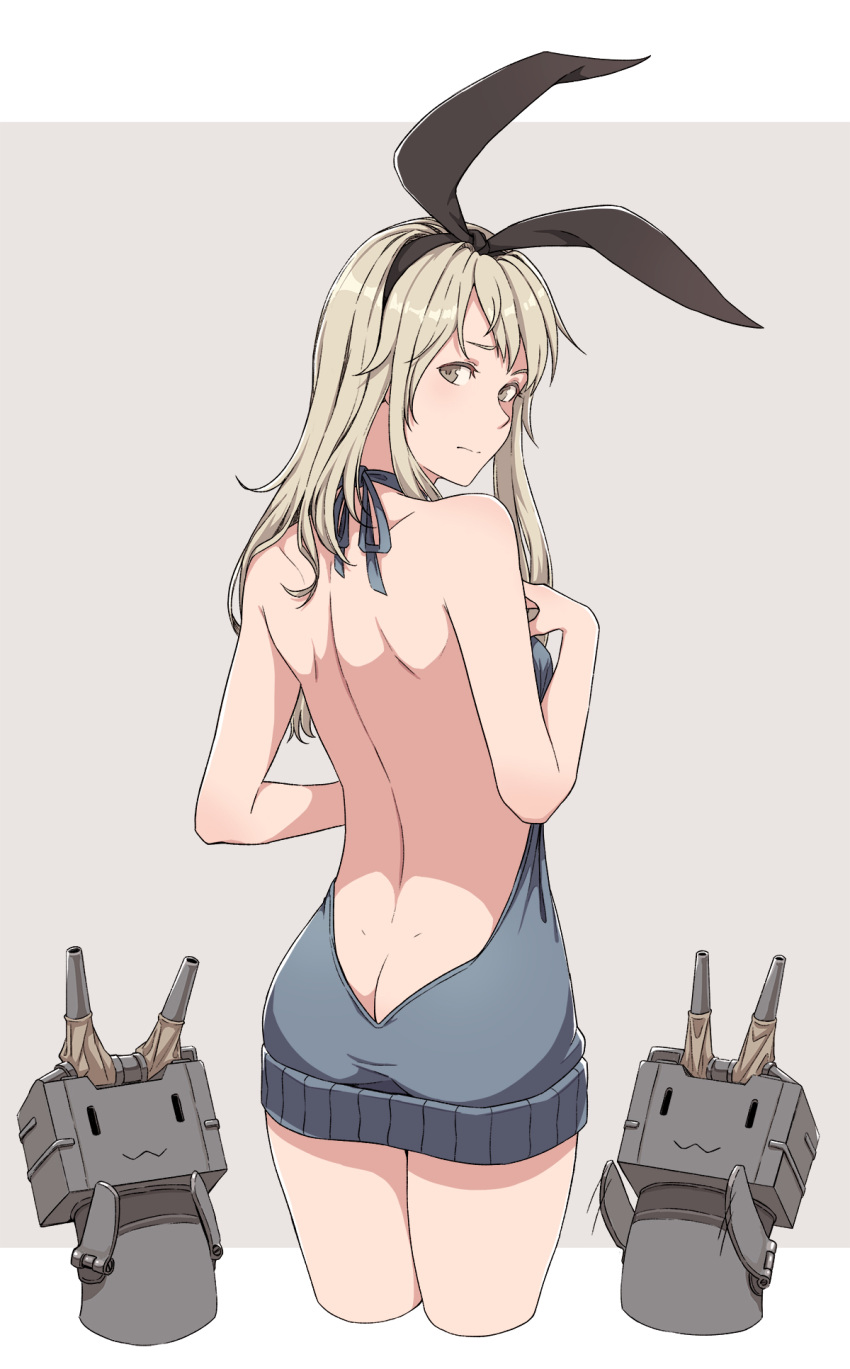 ass back backless_dress backless_outfit bare_back blonde_hair butt_crack cheshirrr closed_mouth dress from_behind grey_background grey_eyes grey_sweater hair_ornament hair_ribbon hairband highres kantai_collection long_hair looking_at_viewer looking_back meme_attire naked_sweater rensouhou-chan ribbon shimakaze_(kantai_collection) sweater sweater_dress virgin_killer_sweater