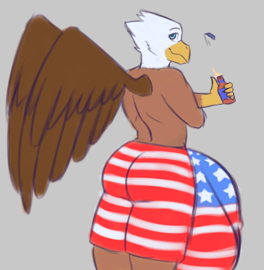 alcohol anthro avian bald_eagle balls beer beer_bottle beer_foam beverage big_balls big_butt big_penis bird blue_eyes bottle bottle_cap bunybunyboi butt eagle eyebrows foam gryphon huge_balls huge_penis hyper hyper_penis male muscular penis simple_background solo squeaks stars_and_stripes united_states_of_america us_flag wings