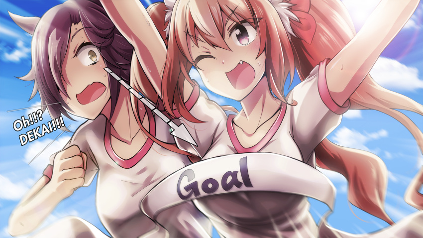 :d animal_ears arms_up blue_sky blush bow breast_envy breasts brown_eyes brown_hair clenched_hand daiwa_scarlet day fang hair_between_eyes hair_bow hair_over_one_eye highres horse_ears horse_girl large_breasts long_hair looking_at_viewer multiple_girls open_mouth outdoors red_eyes romaji sky smile sweat tom_(drpow) twintails umamusume upper_body very_long_hair vodka_(umamusume)