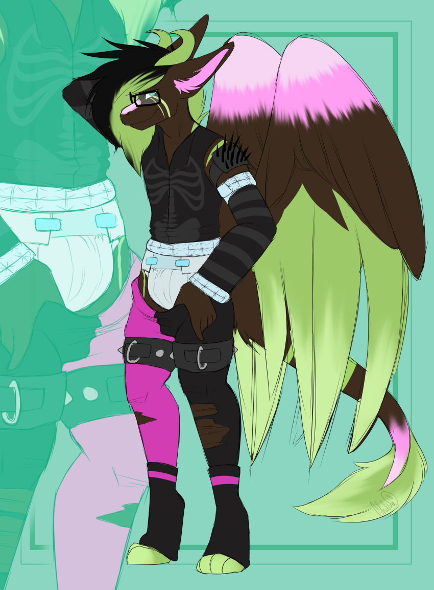2018 angel_dragon anthro belt biped clothed clothing diaper dragon eyewear feathers fully_clothed fur glasses hair hand_behind_head happy horn looking_at_viewer male multicolored_feathers multicolored_fur multicolored_hair pants pants_down partially_clothed shirt signature smile solo source_request standing twixxel_minty unknown_artist unknown_artist_signature wings