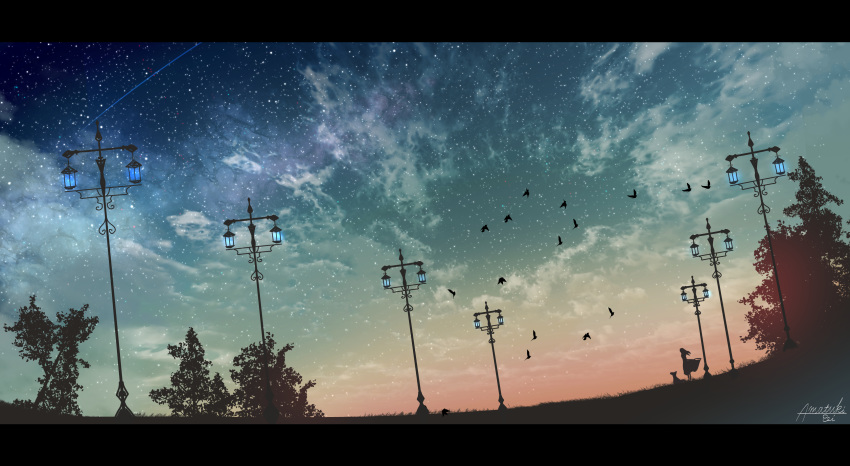 absurdres amatsuki_rei animal artist_name bird cloud dog dress flock gradient_sky highres lamppost letterboxed long_hair original outdoors scenery signature silhouette sky solo standing star_(sky) starry_sky tree twilight wind wind_lift