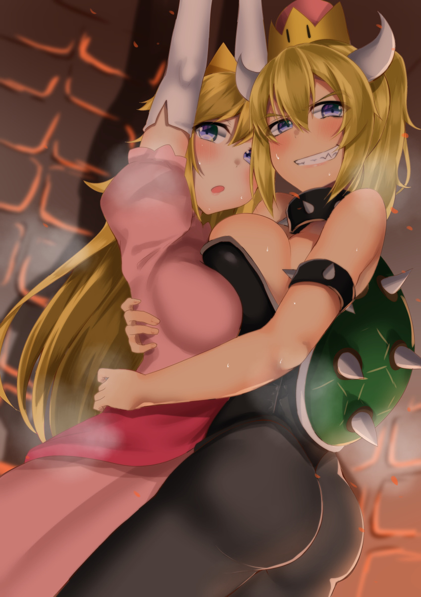 arms_up ass blonde_hair blue_eyes blush bowsette breast_press breasts bridal_gauntlets choker crown dress grin highres horns hug kitajima_yuuki large_breasts looking_at_viewer mario_(series) multiple_girls pantyhose pink_dress ponytail princess_peach shell smile spiked_armlet spiked_choker spikes super_crown super_mario_bros. symmetrical_docking