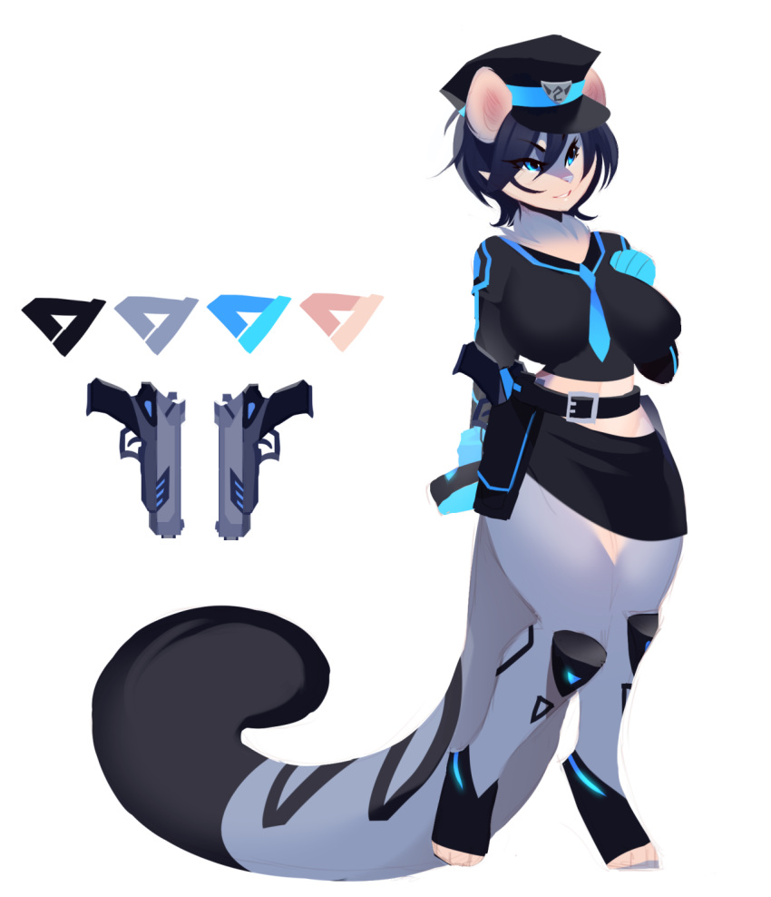 2016 anthro belt biped blue_eyes breasts clothed clothing feline female gun hair hand_on_breast kanel leopard mammal necktie ranged_weapon short_hair simple_background skirt snow_leopard solo standing weapon white_background