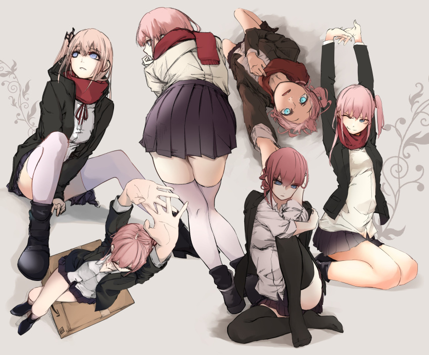 absurdres alternate_costume ass commentary_request girls_frontline highres looking_up miki06 pink_hair pose purple_eyes scarf school_uniform shoes st_ar-15_(girls_frontline) stretch thighhighs thighs
