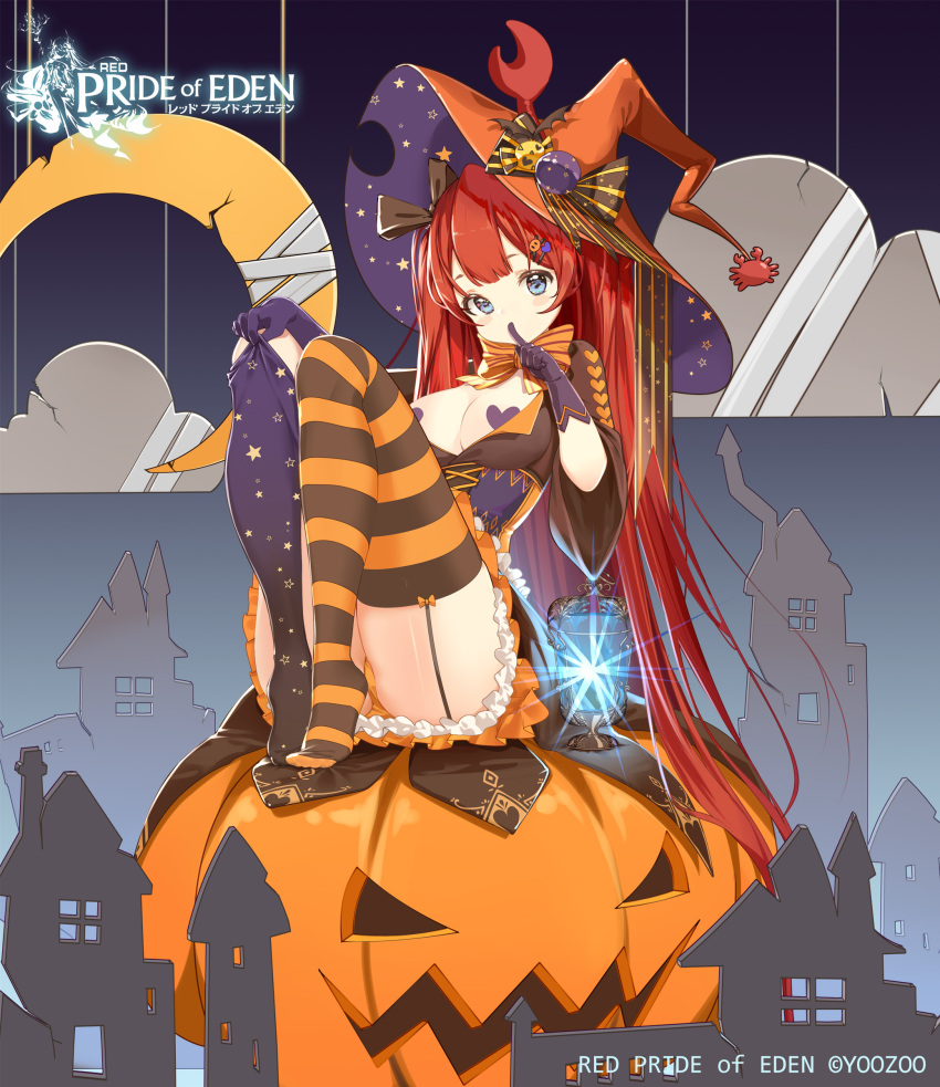 1girl absurdres bandages bangs black_bow black_shirt blue_eyes blush bow breasts clouble cloud commentary_request copyright_name covered_mouth crescent frilled_skirt frills garter_straps gloves glowing hair_ornament hairclip hat heart_pasties hermit_(pride_of_eden) highres jack-o'-lantern kneehighs knees_up lantern long_hair looking_at_viewer medium_breasts no_shoes orange_bow orange_headwear orange_panties orange_skirt panties pasties purple_gloves purple_legwear red:_pride_of_eden red_hair shirt short_sleeves single_kneehigh single_thighhigh sitting skirt solo striped striped_bow striped_legwear thighhighs twintails underwear very_long_hair watermark wide_sleeves witch_hat x_hair_ornament