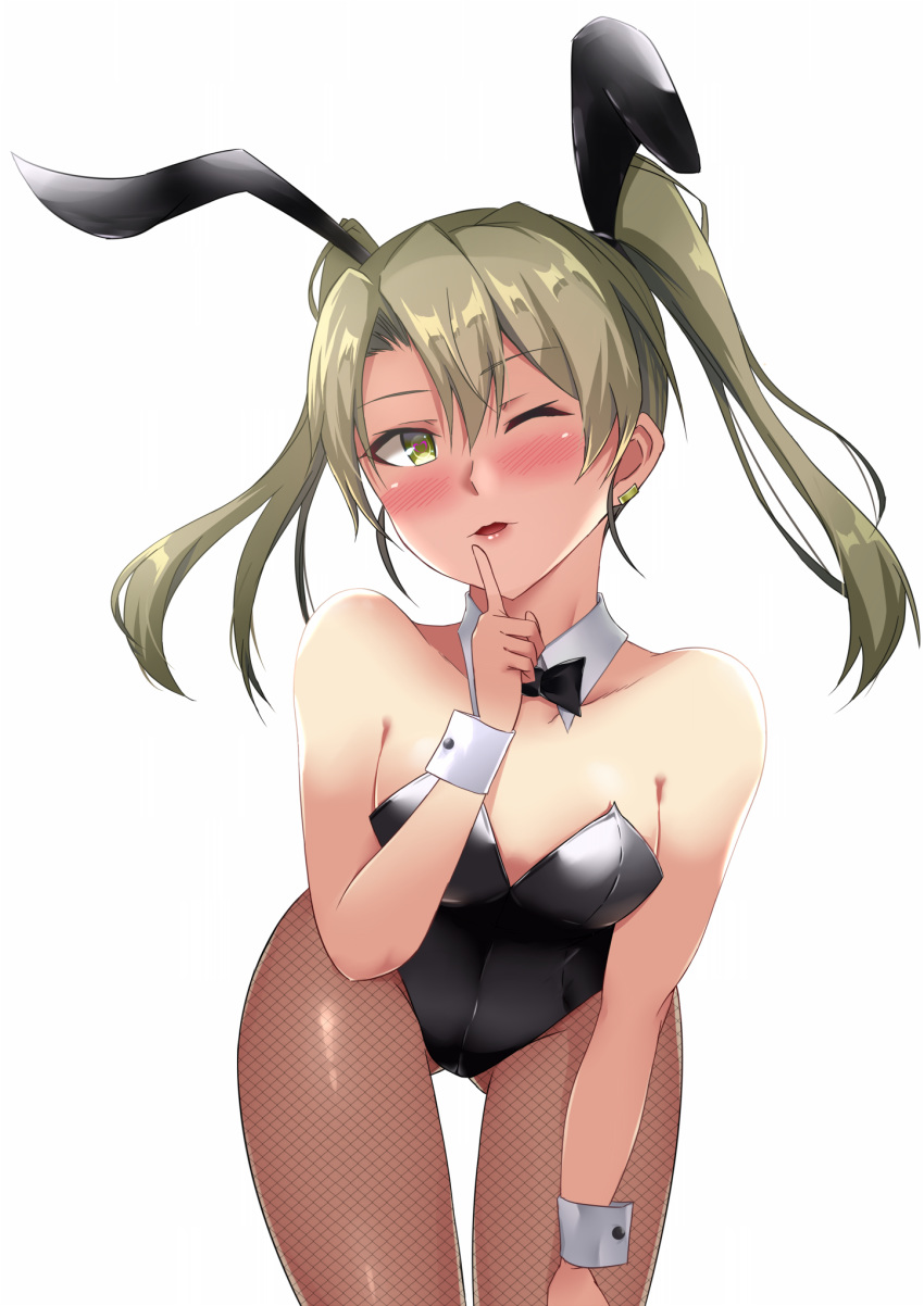animal_ears ass_visible_through_thighs bad_anatomy bad_proportions bare_arms bare_shoulders black_hairband black_leotard blush breasts brown_legwear bunny_ears bunny_girl bunnysuit commentary_request detached_collar earrings fake_animal_ears finger_to_mouth fishnet_pantyhose fishnets gold_earrings hair_between_eyes hairband hand_on_own_knee hand_up highres index_finger_raised jewelry kantai_collection leaning_forward leotard light_brown_hair lips looking_at_viewer medium_breasts ohiya one_eye_closed pantyhose shiny shiny_clothes shushing simple_background small_hands solo strapless strapless_leotard twintails white_background wing_collar wrist_cuffs yellow_eyes zuikaku_(kantai_collection)