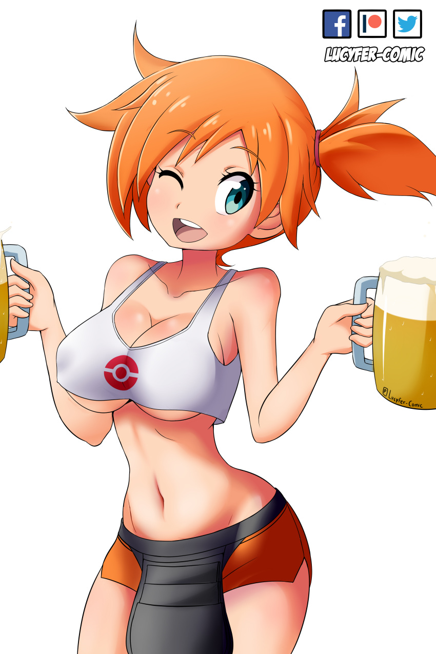 absurdres alcohol alternate_costume artist_name bangs bare_shoulders beer black_apron blue_eyes breasts cleavage collarbone cowboy_shot creatures_(company) crop_top cup drink eyebrows_visible_through_hair game_freak hair_tie hands_up happy highres holding kasumi_(pokemon) large_breasts looking_to_the_side mug navel nintendo one_eye_closed open_mouth orange_hair orange_shorts poke_ball_symbol poke_ball_theme pokemon pokemon_(game) pokemon_rgby shiny shiny_hair shiny_skin shirt short_hair short_shorts shorts side_ponytail signature simple_background smile standing teeth tied_hair underboob waitress watermark white_background white_shirt wink zannatemx