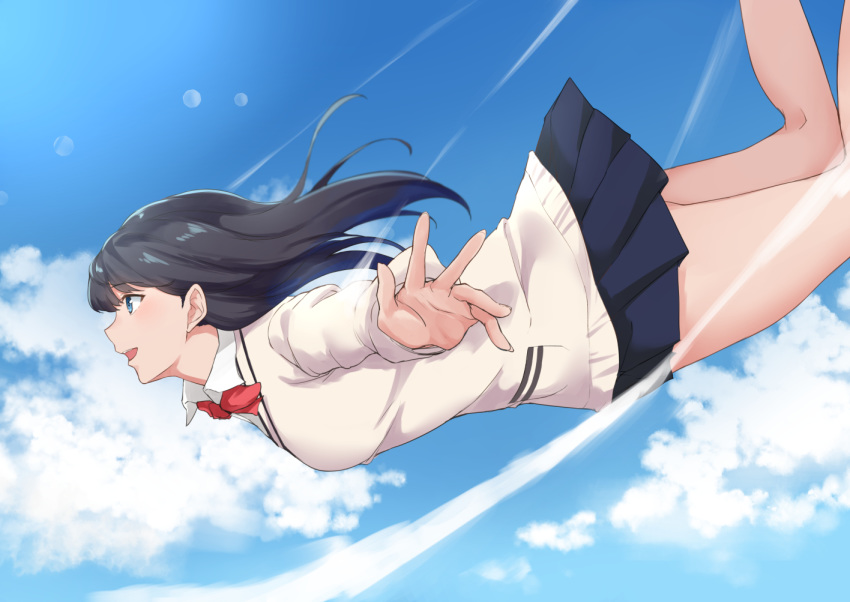 bangs black_hair blue_eyes bow cardigan cloud collared_shirt day falling from_side light_rays long_hair long_sleeves looking_up miniskirt open_mouth outstretched_arms pleated_skirt red_bow school_uniform shirt skirt sky smile solo ssss.gridman takarada_rikka terry_(pixiv3274443) thighs white_cardigan white_shirt
