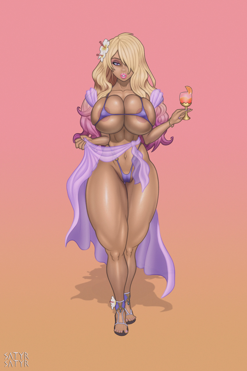 1girl areola_slip areolae bare_shoulders beverage bikini bikini_thong bikini_top bimbofication blonde_hair blue_bikini blue_bikini_thong blue_bikini_top bracelet breasts cameltoe camilla_(fire_emblem) camilla_(fire_emblem_if) cleavage collarbone cup curvy dark_skinned_female drink eyeshadow fire_emblem fire_emblem_if flower hair_flower hair_ornament hair_piece huge_breasts intelligent_systems jewelry lipstick long_hair looking_at_viewer makeup micro_bikini navel nintendo parted_lips pink_lipstick purple_eyes purple_eyeshadow purple_hair sandals satyrsatyr solo standing swimsuit tan thick_thighs thighs