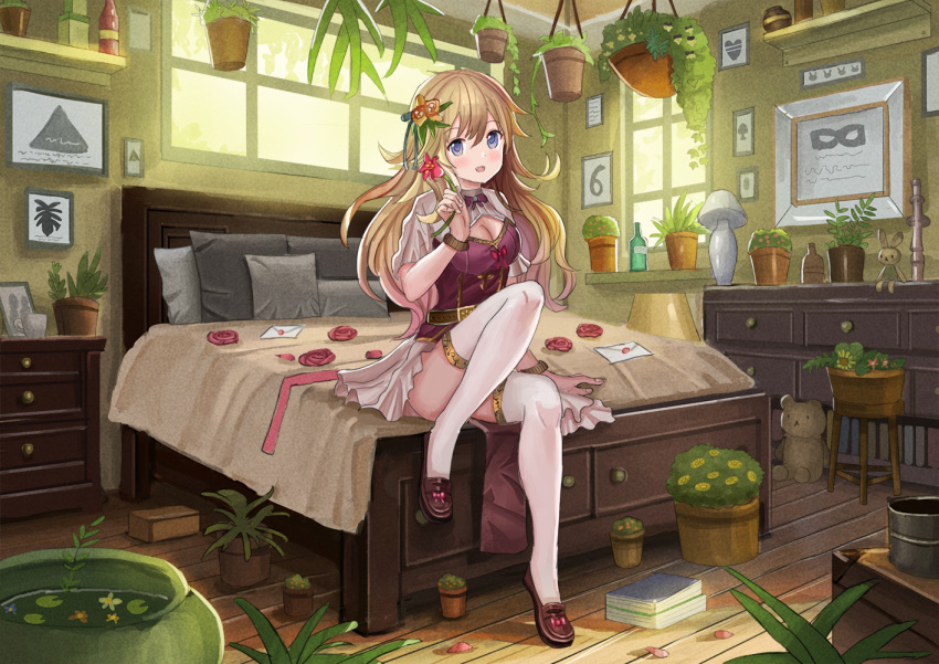 :d ame_sagari arm_support bed bedroom belt blue_eyes book bottle bow bowtie bracelet breasts brown_footwear brown_hair cabinet cleavage cleavage_cutout commentary cup day domino_mask dress floating_hair flower hair_ornament hand_up hanging_plant heart holding holding_flower indoors jewelry lamp leg_up letter loafers long_hair looking_at_viewer mask medium_breasts mug number on_bed open_mouth original petals photo_(object) picture_frame pillow pink_bow plant potted_plant purple_dress purple_neckwear red_bow rose shelf shoes short_sleeves sitting skirt smile solo stuffed_animal stuffed_toy teddy_bear thighhighs vase wavy_hair white_legwear white_skirt window