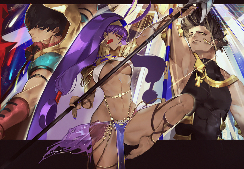 2boys aiming animal_ears ankle_strap arash_(fate) arm_strap arm_up armpits arror bangs big_hair black_gloves black_hair breasts closed_mouth collarbone commentary_request cross dark_skin earrings egyptian_clothes eyeliner facial_mark fate/grand_order fate_(series) forehead glint gloves grey_eyes hairband holding holding_lance holding_weapon hood hood_up hoop_earrings jewelry lance leg_up loincloth long_hair makeup medium_breasts multiple_boys muscle nail_polish navel nitocris_(fate/grand_order) ozymandias_(fate) polearm profile purple_eyes purple_hair purple_nails pvc_parfait revealing_clothes see-through shoulder_armor sidelocks sleeveless smile standing standing_on_one_leg stomach straight_hair thigh_strap toenail_polish twitter_username two-tone_hairband underboob very_long_hair weapon yellow_eyes