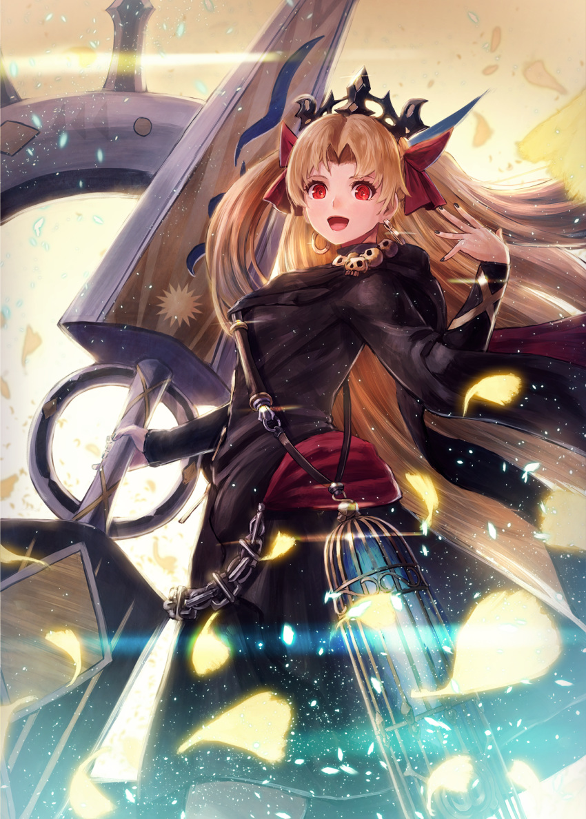 :d bangs black_cape black_dress black_nails blonde_hair blurry cage cape chain commentary_request depth_of_field dress earrings ereshkigal_(fate/grand_order) fate/grand_order fate_(series) feet_out_of_frame fingernails hair_ribbon highres holding holding_weapon hoop_earrings jewelry kuroi_susumu long_hair long_sleeves looking_at_viewer nail_polish open_mouth red_eyes ribbon skull smile solo standing tiara two_side_up very_long_hair weapon