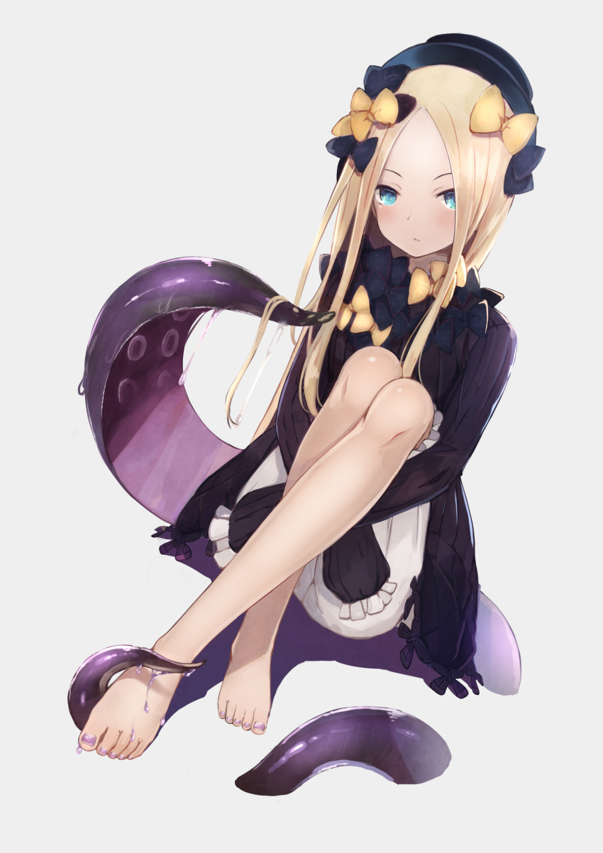 :/ abigail_williams_(fate/grand_order) bangs barefoot black_hat blonde_hair bloomers blue_eyes bow commentary_request deku_suke dress fate/grand_order fate_(series) feet forehead frilled_sleeves frills hair_bow hat highres knees_up leg_hug long_hair long_sleeves looking_at_viewer nail_polish orange_bow parted_bangs polka_dot polka_dot_bow purple_nails simple_background sitting sleeves_past_fingers sleeves_past_wrists solo tentacles toenail_polish toenails underwear white_background