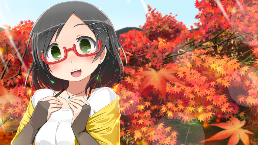 :d autumn_leaves bespectacled blush bridal_gauntlets casual collarbone day earrings earth_ekami eyebrows_visible_through_hair gem glasses green_eyes grey_hair hair_ornament hairclip hands_up head_tilt highres hill jewelry kantai_collection kuroshio_(kantai_collection) leaf lens_flare light_particles light_rays maple_leaf maple_tree medium_hair necklace open_mouth outdoors pendant red-framed_eyewear remodel_(kantai_collection) round_teeth semi-rimless_eyewear shawl shirt signature smile solo sunbeam sunlight teeth tree under-rim_eyewear upper_body white_shirt