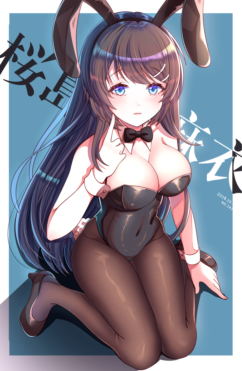 absurdres animal_ears black_footwear black_hair black_legwear black_leotard black_neckwear blue_background bow bowtie breasts bunny_ears bunny_girl bunny_tail bunnysuit character_name cleavage covered_navel detached_collar high_heels highres index_finger_raised jiaxi_daze large_breasts leotard long_hair looking_at_viewer md5_mismatch pantyhose purple_eyes sakurajima_mai seishun_buta_yarou sitting solo strapless strapless_leotard tail two-tone_background wariza wrist_cuffs