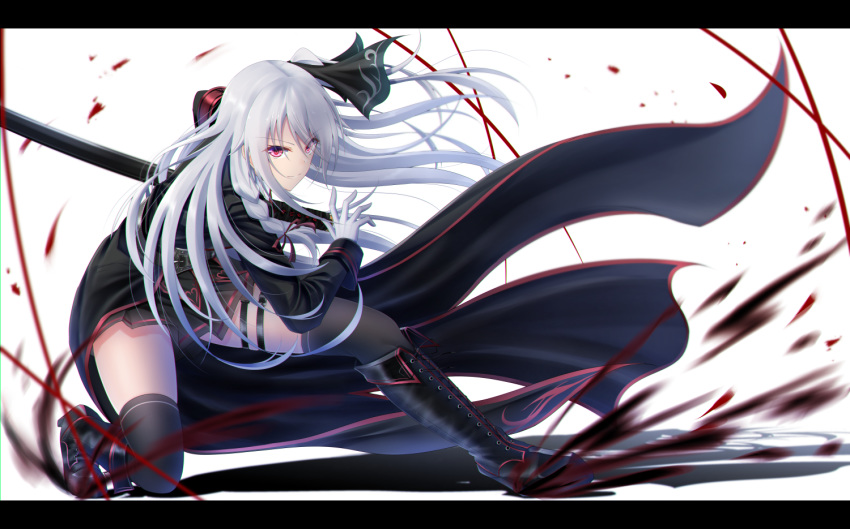 &gt;:) black_legwear blurry boots commentary_request denpa_(denpae29) depth_of_field fighting_stance gloves hair_ribbon katana knee_boots kneeling long_hair looking_at_viewer original pleated_skirt red_eyes ribbon silver_hair simple_background skirt solo sword thighhighs weapon white_background white_gloves zettai_ryouiki
