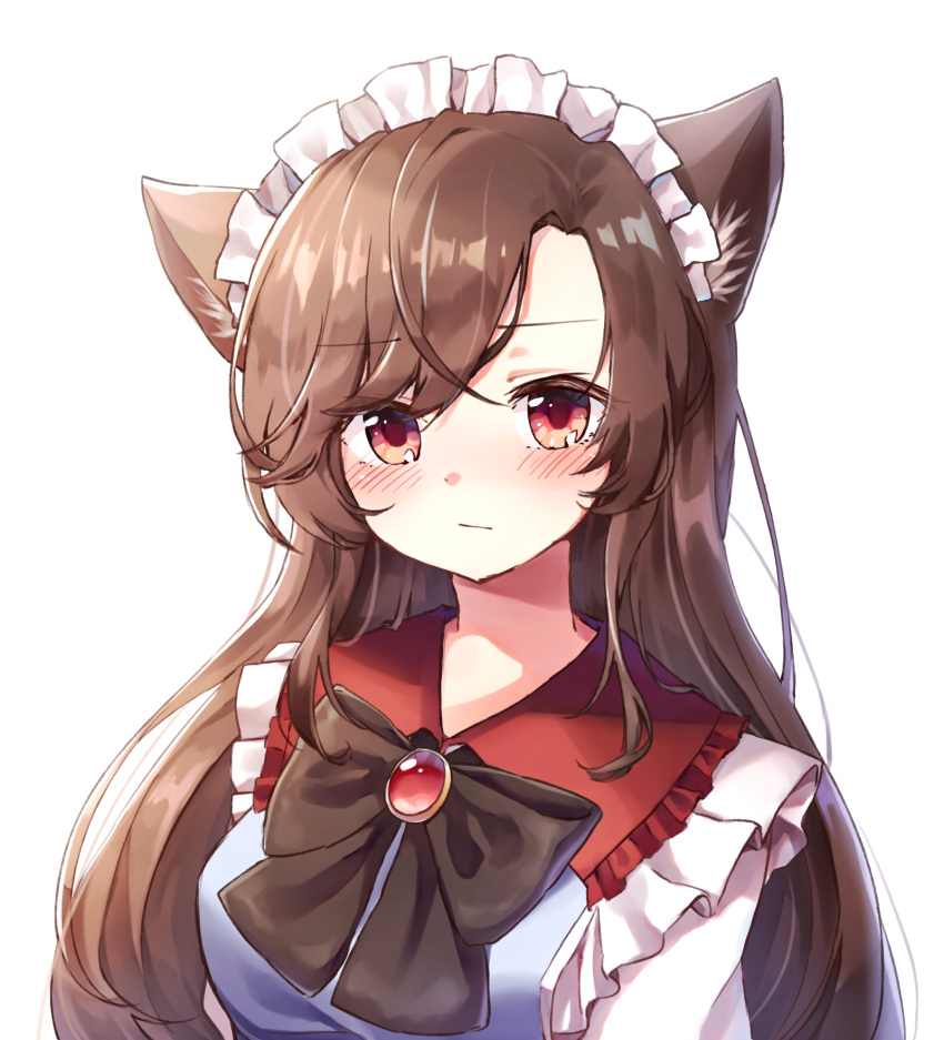 :/ alternate_costume animal_ears black_bow black_neckwear bow bowtie breasts brown_hair closed_mouth commentary_request enmaided frilled_shirt_collar frills gem highres imaizumi_kagerou long_hair maid maid_headdress medium_breasts pudding_(skymint_028) purple_eyes red_eyes sidelocks simple_background solo straight_hair touhou upper_body white_background wolf_ears wolf_girl