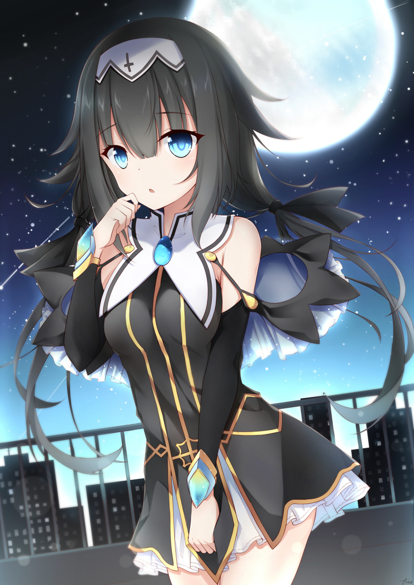absurdres black_dress black_hair black_ribbon black_sleeves blue_eyes cowboy_shot date_a_live detached_sleeves dress eyebrows_visible_through_hair floating_hair full_moon hair_between_eyes hair_ribbon highres long_hair long_sleeves moon nibelcol night open_mouth outdoors poinia ribbon rooftop shiny shiny_hair short_dress sky sleeveless sleeveless_dress solo standing star_(sky) starry_sky twintails