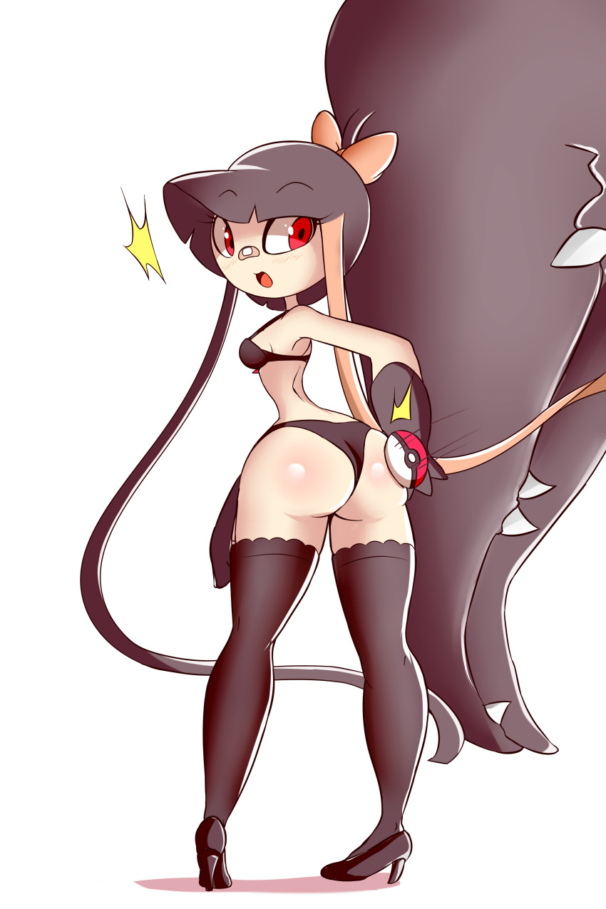1girl absurdres ass bandaid bandaid_on_nose bare_shoulders black_bra black_footwear black_hair black_legwear black_panties blush bow bra breasts creatures_(company) extra_mouth eyebrows_visible_through_hair female from_behind full_body game_freak gen_3_pokemon hair_bow high_heels highres long_hair looking_back looking_to_the_side mawile motion_lines multicolored_hair nintendo no_humans open_mouth panties personification pigeon-toed pink_bow poke_ball poke_ball_(generic) pokemon pokemon_(creature) red_eyes sharp_teeth shiny shiny_hair shoes simple_background small_breasts solo standing surprised teeth thighhighs twintails two-tone_hair underwear underwear_only very_long_hair white_background zannatemx