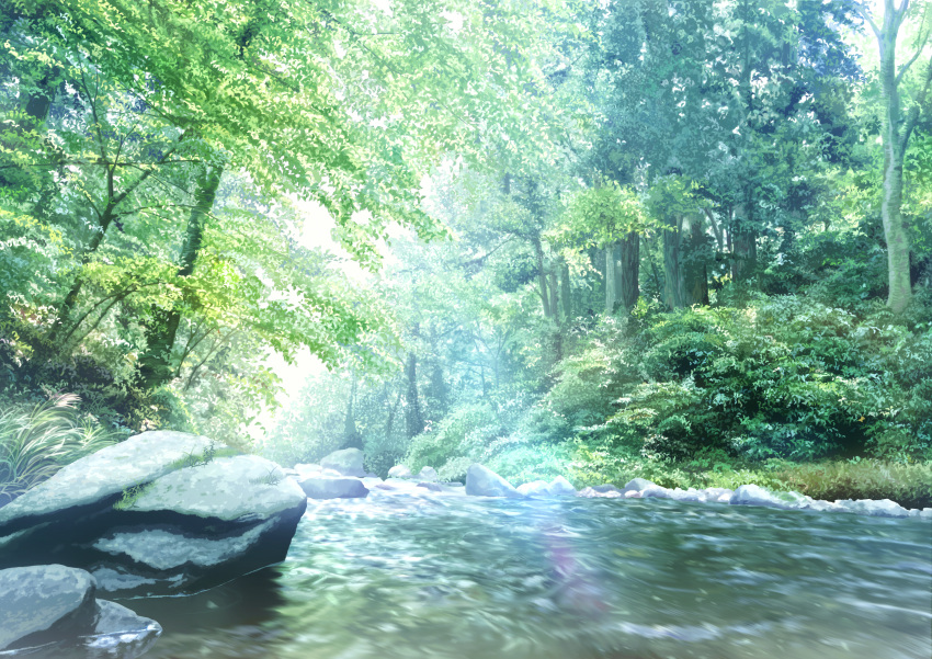 bush commentary_request day forest grass highres huge_filesize leaf mahiro_(mahiroht) nature no_humans original outdoors river rock scenery sunlight tree water