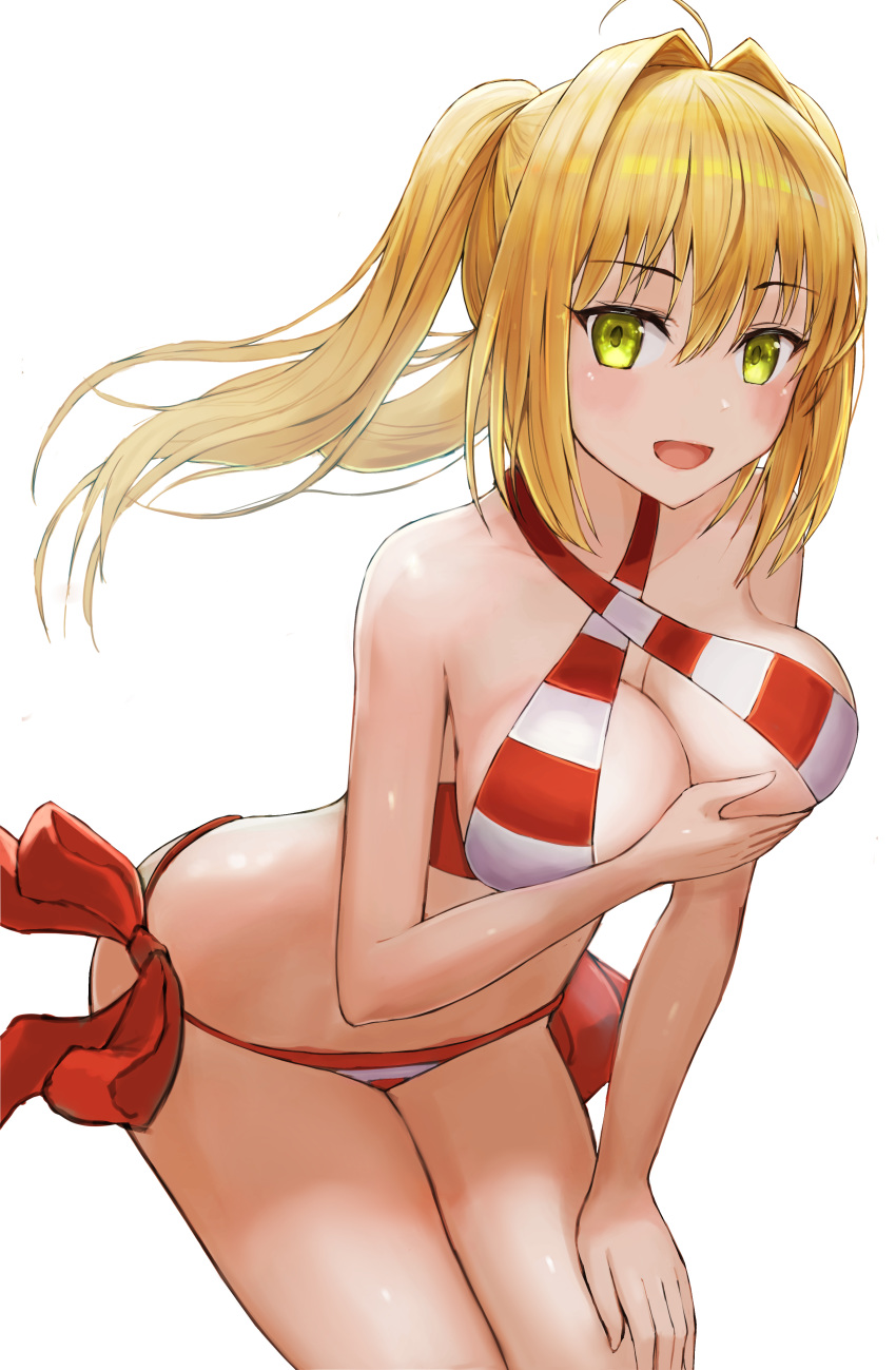 :d absurdres ahoge bangs bare_arms bare_shoulders bikini blonde_hair blush breast_hold breasts cleavage collarbone commentary_request cowboy_shot criss-cross_halter eyebrows_visible_through_hair fate/grand_order fate_(series) green_eyes hair_between_eyes hair_intakes halterneck hand_on_own_thigh highres hoshibudou large_breasts leaning_forward long_hair looking_at_viewer nero_claudius_(fate)_(all) nero_claudius_(swimsuit_caster)_(fate) open_mouth red_bikini red_ribbon ribbon side-tie_bikini simple_background smile solo striped striped_bikini swimsuit twintails white_background