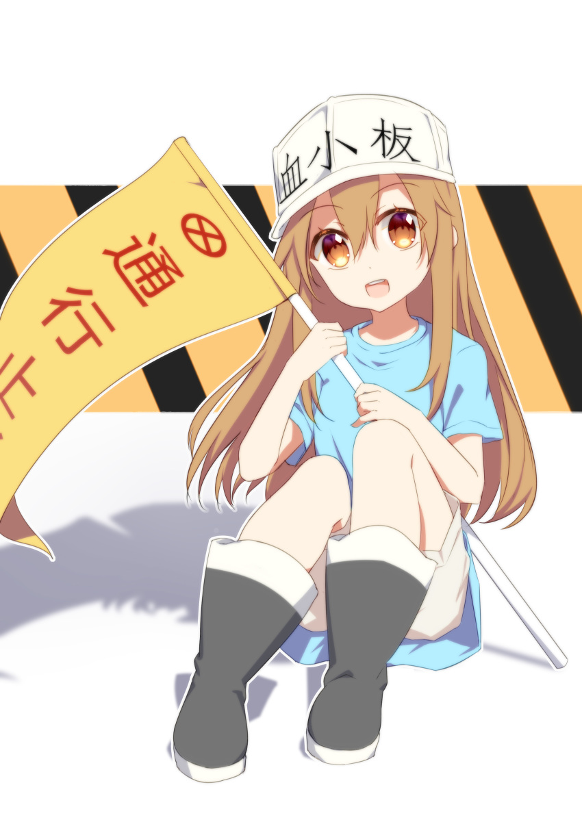 :d absurdres black_footwear blue_shirt brown_eyes brown_hair character_name eyebrows_visible_through_hair flag hair_between_eyes hat hataraku_saibou highres holding holding_flag long_hair looking_at_viewer mo_(pixiv9929995) open_mouth platelet_(hataraku_saibou) shirt short_sleeves sitting smile solo white_background white_hat