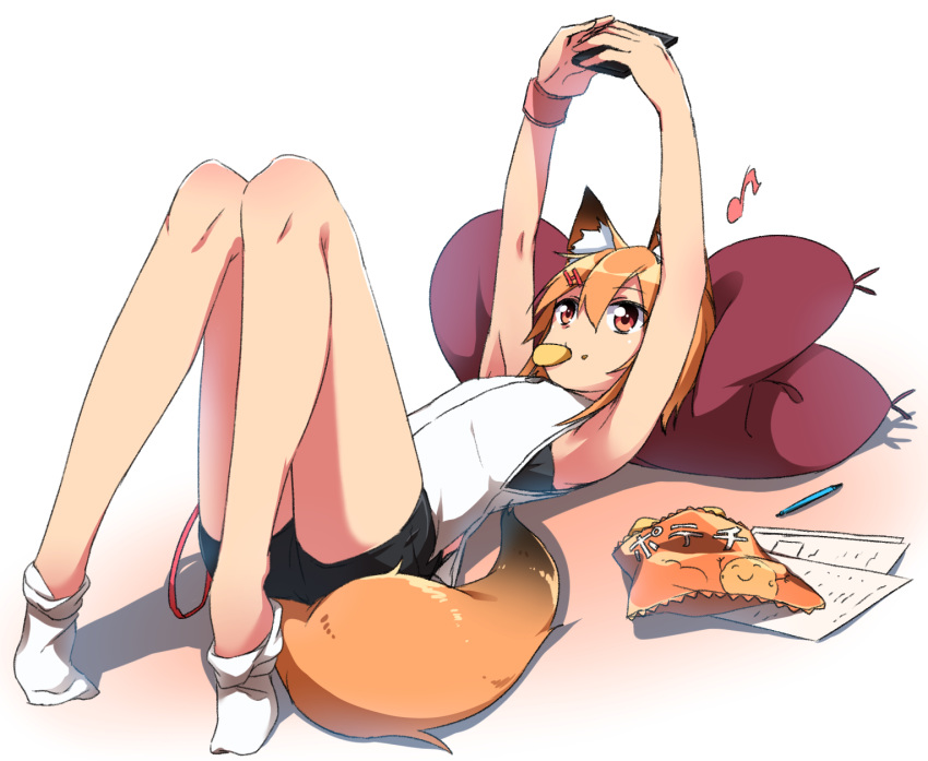 animal_ear_fluff animal_ears armpits arms_up bag_of_chips bangs bare_arms bare_shoulders black_shorts cellphone chips commentary_request eighth_note eyebrows_visible_through_hair food fox_ears fox_girl fox_tail hair_between_eyes hair_ornament hairclip highres holding holding_cellphone holding_phone light_brown_hair looking_away looking_up loose_socks lying minowa_sukyaru musical_note no_shoes on_back original paper pencil phone pillow potato_chips red_eyes shirt short_shorts shorts sleeveless sleeveless_shirt sock_pull socks solo tail white_background white_legwear white_shirt wristband