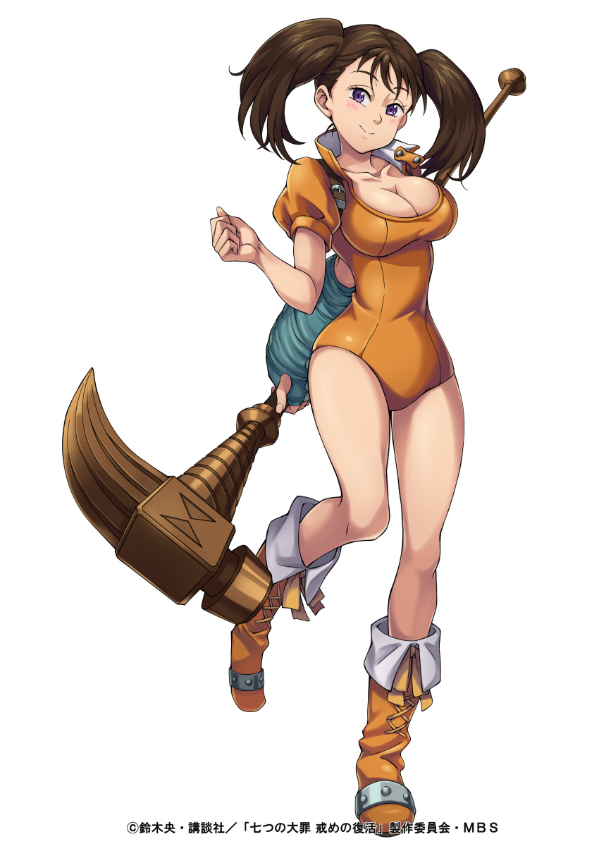absurdres boots breasts brown_hair cleavage diane_(nanatsu_no_taizai) full_body gloves hammer highres holding holding_weapon large_breasts leotard long_hair looking_at_viewer nanatsu_no_taizai official_art orange_leotard puffy_sleeves purple_eyes short_sleeves simple_background smile solo twintails weapon white_background
