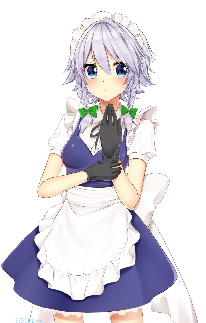 absurdres apron artist_name black_gloves black_neckwear black_ribbon blue_dress blue_eyes blush bow braid breasts commentary_request cowboy_shot dress eyebrows_visible_through_hair frilled_apron frills gloves green_bow hair_between_eyes hair_bow hand_up highres izayoi_sakuya looking_at_viewer maid maid_apron maid_headdress medium_breasts neck_ribbon parted_lips petticoat puffy_short_sleeves puffy_sleeves ribbon shiki_(s1k1xxx) shirt short_hair short_sleeves silver_hair simple_background solo standing touhou twin_braids twitter_username waist_apron white_apron white_background white_shirt wing_collar