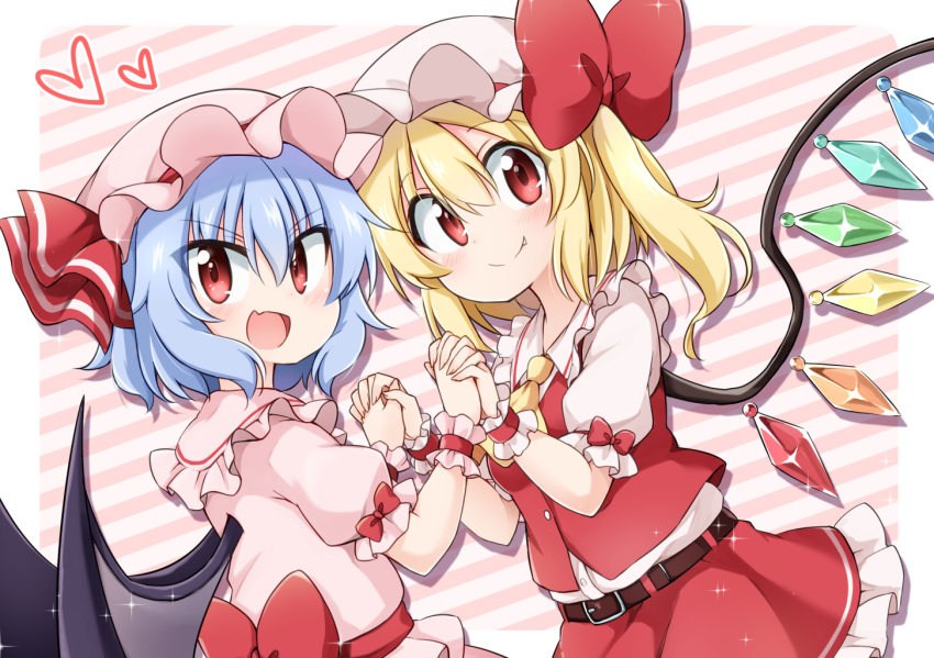 :d ascot bangs bat_wings belt blonde_hair blue_hair blush border bow commentary_request cowboy_shot crystal diagonal-striped_background diagonal_stripes dress eyebrows_visible_through_hair fang_out flandre_scarlet frilled_shirt_collar frills hair_between_eyes hat hat_bow hat_ribbon heart holding_hands interlocked_fingers long_hair looking_at_viewer miniskirt mob_cap multiple_girls one_side_up open_mouth outside_border petticoat pink_background pink_dress pink_hat puffy_short_sleeves puffy_sleeves red_bow red_eyes red_ribbon red_sash red_skirt red_vest remilia_scarlet ribbon sash shirt short_hair short_sleeves siblings sisters skirt skirt_set smile striped striped_background suwa_yasai touhou v-shaped_eyebrows vest white_border white_hat white_shirt wings wrist_cuffs yellow_neckwear