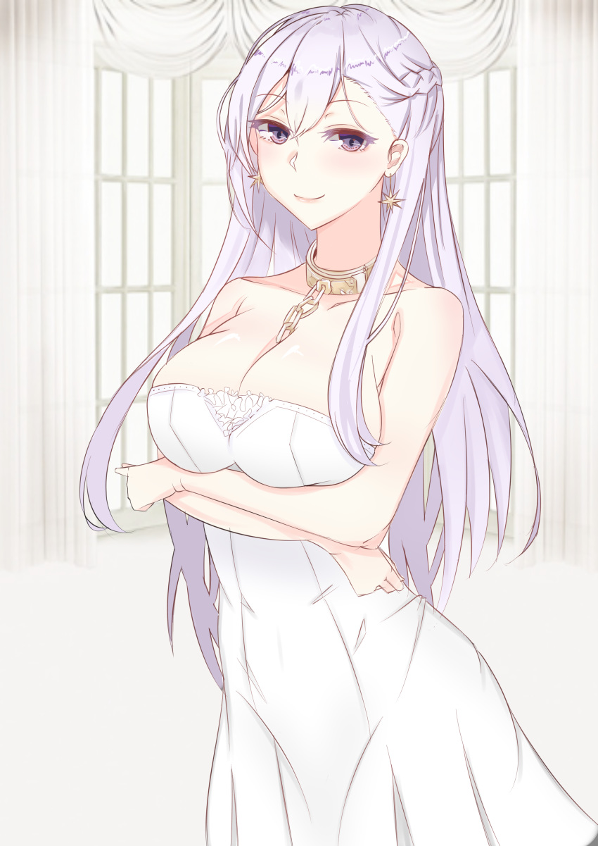 absurdres azur_lane bangs bare_shoulders belfast_(azur_lane) braid breast_hold breasts chain cleavage closed_mouth collar collarbone cowboy_shot curtains dress earrings french_braid hair_ornament highres indoors jewelry large_breasts long_hair looking_at_viewer purple_eyes silver_hair simple_background smile solo standing star star_earrings strapless strapless_dress tastysalt white_dress window