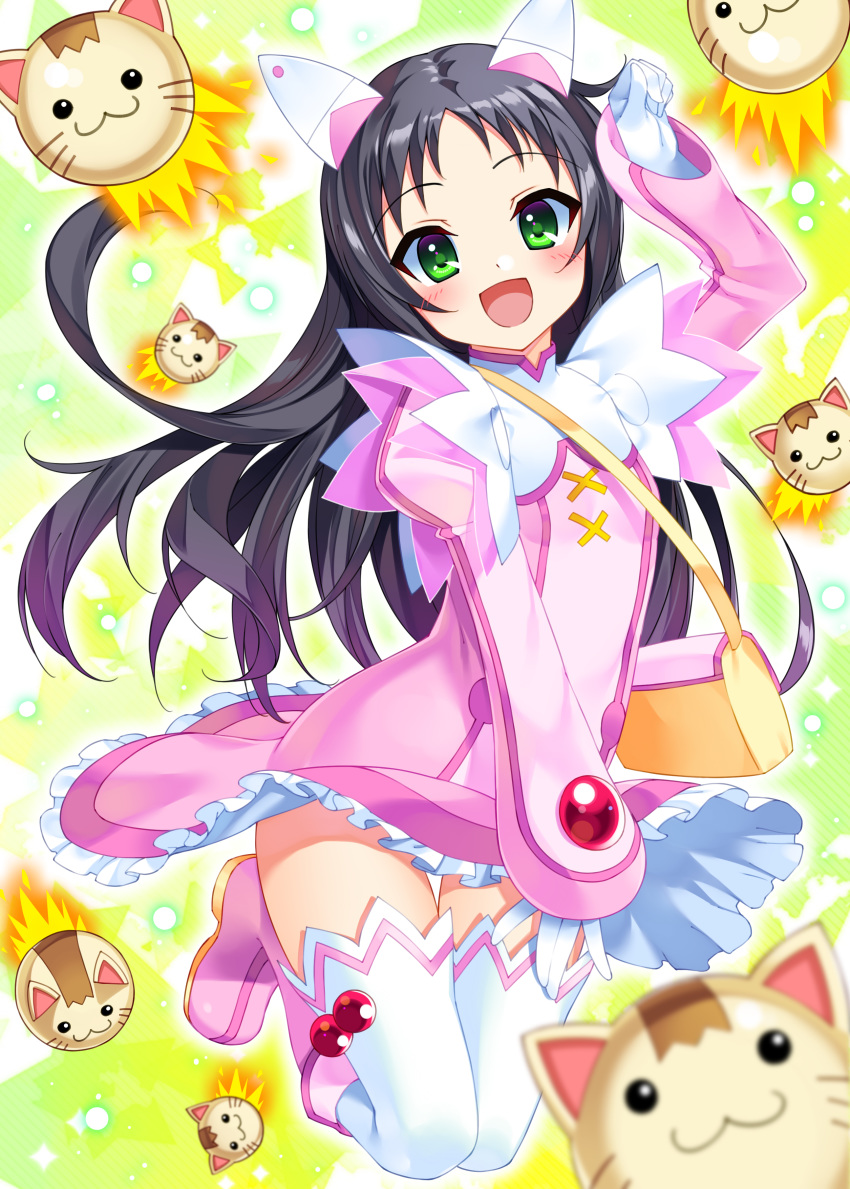 :3 :d absurdres bag black_hair blurry blush boots bucchake_(asami) depth_of_field dress eyebrows_visible_through_hair gloves green_eyes hazuki_kurumi highres kaitou_tenshi_twin_angel legs_up long_hair looking_at_viewer open_mouth outline paw_pose pink_dress pink_footwear sleeves_past_wrists smile solo thigh_gap thighhighs twin_angel very_long_hair white_gloves white_legwear white_outline