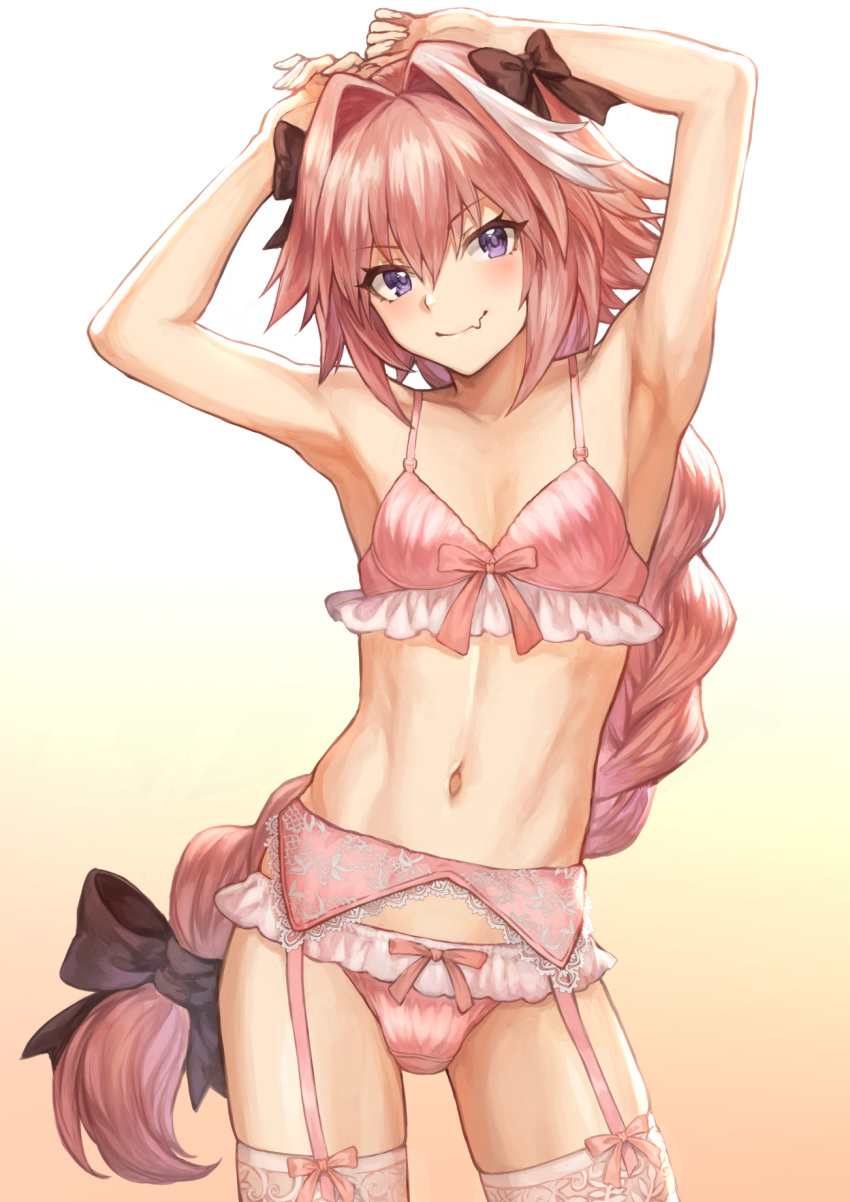 abs armpits arms_behind_head arms_up astolfo_(fate) bangs black_bow blush bow bow_panties bra braid bulge closed_mouth collarbone commentary crossdressing fang fang_out fate/apocrypha fate_(series) frills garter_belt garter_straps gradient gradient_background hair_between_eyes hair_bow hair_intakes highres hips lace long_braid long_hair looking_at_viewer male_focus mashu_003 multicolored_hair navel otoko_no_ko panties pink_bra pink_hair pink_panties purple_eyes signature single_braid smile solo streaked_hair thighs twitter_username underwear underwear_only very_long_hair