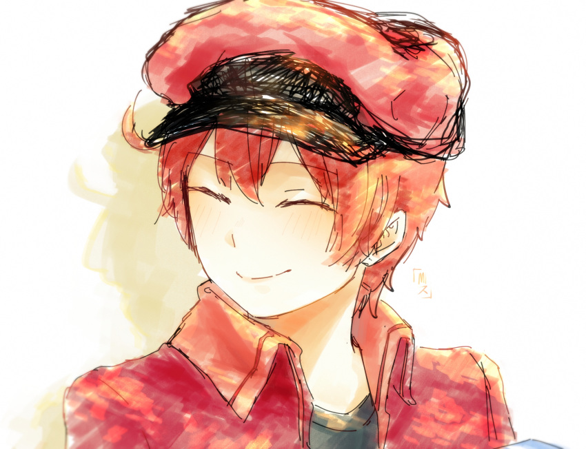 ae-3803 black_shirt cabbie_hat closed_eyes closed_mouth commentary hat hataraku_saibou highres jacket light_smile misu profile red_blood_cell_(hataraku_saibou) red_hair red_hat red_jacket shirt short_hair signature sketch solo white_background