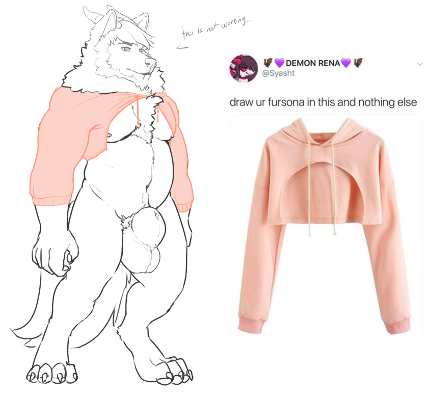 animal_genitalia balls barefoot big_balls bottomless canine chest_tuft claws clothed clothing drawyourfursona facial_fur fur hoodie horn jamesduskwood male mammal mane meme nude pink_sweater pubes sketch slightly_chubby thick_sheath tuft twitter_hoodie