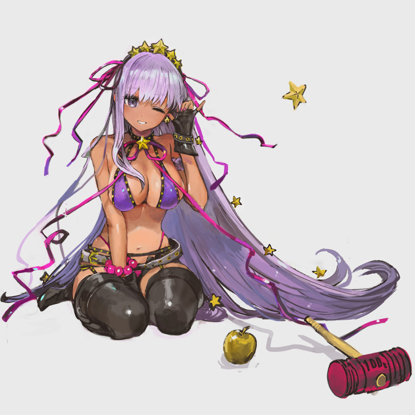 apple bangs bare_shoulders bb_(fate)_(all) bb_(swimsuit_mooncancer)_(fate) belt between_legs bikini_top black_legwear black_shorts blush bracelet breasts cleavage earrings fate/grand_order fate_(series) food fruit garter_straps grey_background gyaru hair_ribbon hammer hand_between_legs head_tilt jewelry large_breasts long_hair looking_at_viewer nail_polish navel one_eye_closed open_clothes open_fly open_shorts pearl_bracelet pink_nails pink_ribbon purple_eyes purple_hair ribbon seiza short_shorts shorts simple_background sitting smile star star_earrings straight_hair swimsuit tan thighhighs thong tomatika very_long_hair