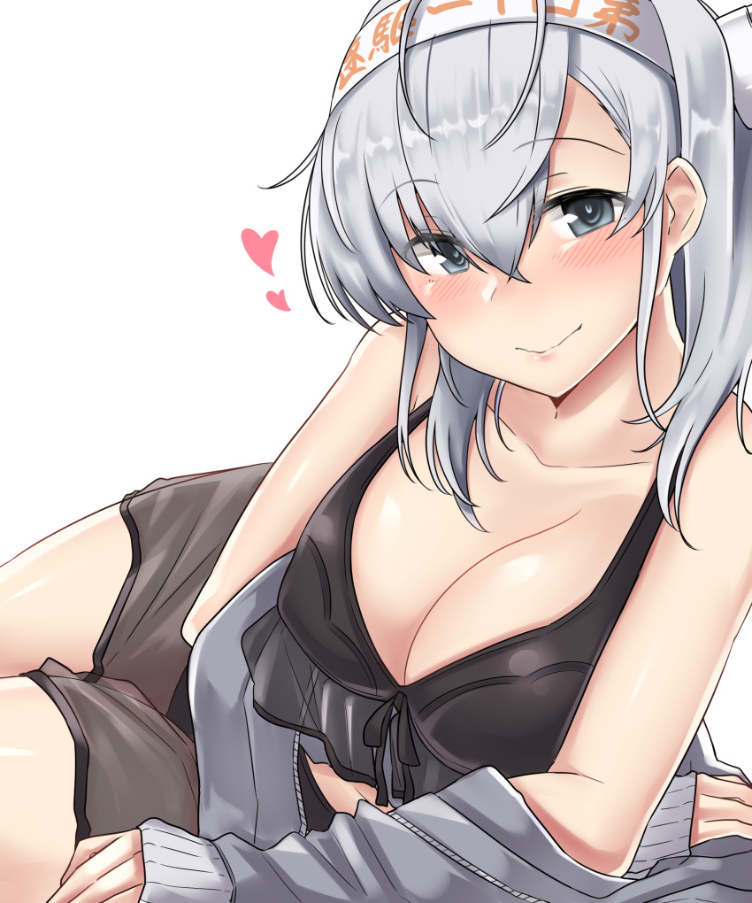 absurdres arm_support arm_under_breasts bikini black_bikini blue_eyes blush breasts cleavage closed_mouth clothes_writing collarbone commentary_request eyebrows_visible_through_hair grey_jacket hair_between_eyes heart highres jacket kantai_collection kiritto large_breasts long_sleeves looking_at_viewer sarong see-through simple_background smile solo suzutsuki_(kantai_collection) swimsuit white_background white_headband