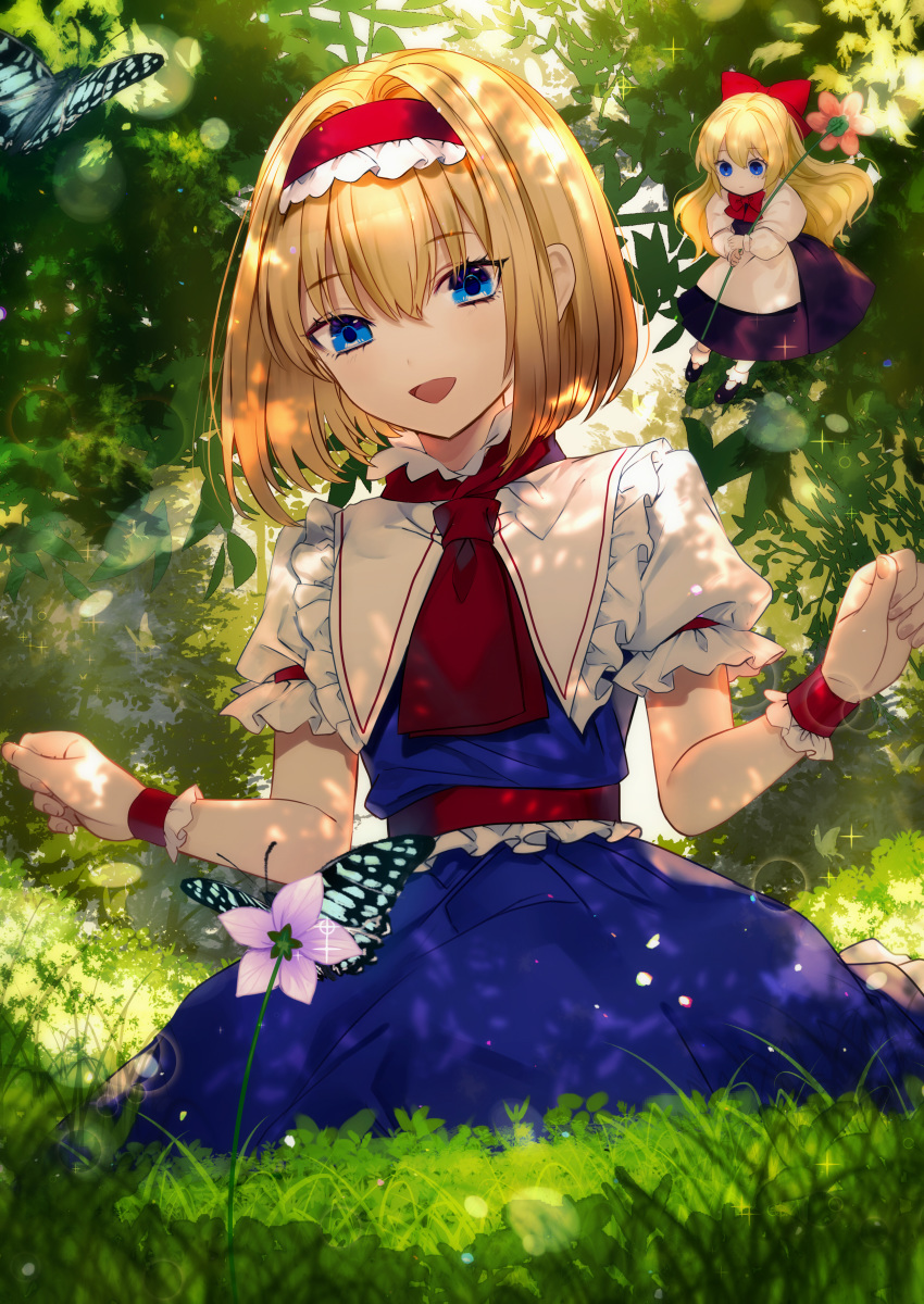:d absurdres alice_margatroid apron ascot bangs black_footwear blonde_hair blue_dress blue_eyes bobby_socks bow bowtie bug butterfly clenched_hands commentary_request daimaou_ruaeru dress eyebrows_visible_through_hair floating flower frilled_hairband frilled_shirt_collar frills hair_between_eyes hair_bow hairband hand_up head_tilt highres holding holding_flower insect leaf lens_flare lolita_hairband long_hair long_sleeves looking_at_viewer mary_janes multiple_girls open_mouth petticoat pink_flower puffy_short_sleeves puffy_sleeves purple_dress purple_flower red_bow red_hairband red_neckwear red_sash sash shanghai_doll shirt shoes short_hair short_sleeves sitting smile socks sparkle touhou waist_apron white_legwear white_shirt wrist_cuffs