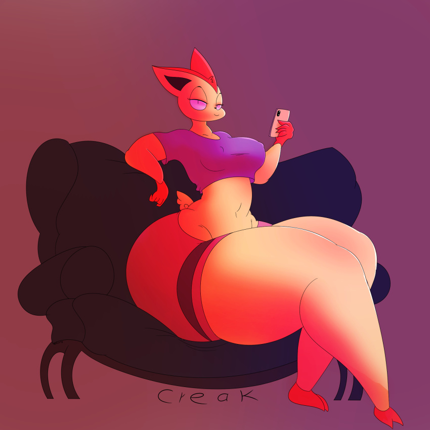 abstract_background anthro big_butt breasts butt cellphone clothed clothing female huge_butt legendary_pok&eacute;mon looking_at_viewer nintendo phone pok&eacute;mon pok&eacute;mon_(species) simple_background smile smug sofa solo thick_thighs toot victini video_games voluptuous wide_hips