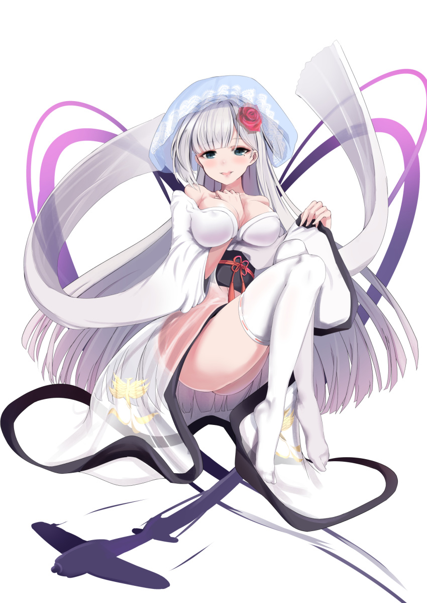 aircraft airplane arm_between_breasts ass azur_lane bangs bare_shoulders between_breasts blue_eyes blunt_bangs blush breasts cleavage feathers flower full_body hair_flower hair_ornament highres japanese_clothes kimono large_breasts long_hair looking_at_viewer mole mole_under_eye obi off_shoulder rose sash schreibe_shura see-through shoukaku_(azur_lane) silver_hair simple_background smile solo tassel thighhighs veil white_background white_kimono white_legwear wide_sleeves