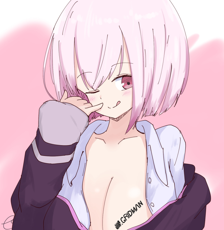 ;q bangs blush breasts cleavage closed_mouth collarbone collared_shirt commentary_request copyright_name eyebrows_visible_through_hair hand_up head_tilt highres jacket kujou_karasuma long_sleeves looking_at_viewer medium_breasts off_shoulder one_eye_closed open_clothes open_jacket open_shirt pink_background pink_hair purple_jacket red_eyes shinjou_akane shirt signature simple_background sleeves_past_wrists smile solo ssss.gridman tongue tongue_out upper_body white_shirt