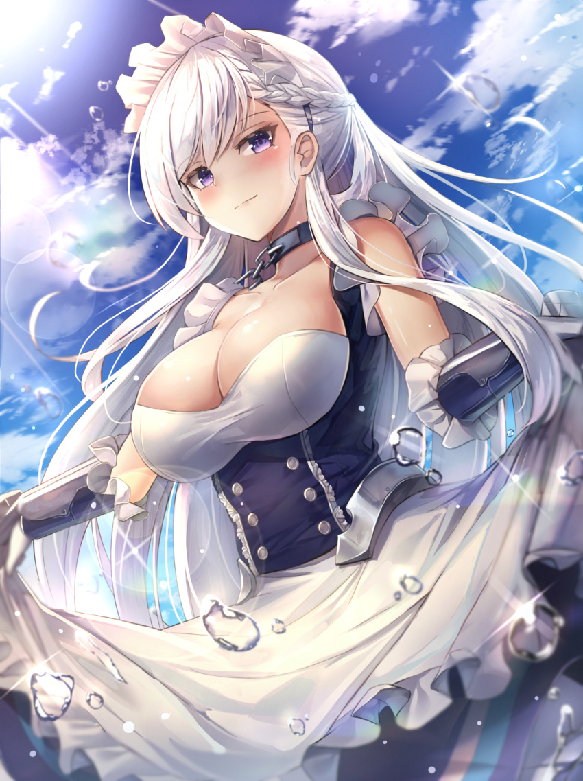 apron arm_guards azur_lane bangs belfast_(azur_lane) blue_eyes blue_sky blush braid breasts chain cleavage closed_mouth cloud collar collarbone commentary corset cowboy_shot day dress dress_lift eyebrows_visible_through_hair floating_hair french_braid frilled_gloves frills gloves highres large_breasts lifted_by_self long_hair looking_at_viewer maid maid_headdress motokonut outdoors sidelocks silver_hair skindentation sky smile solo sparkle splashing sunlight water_drop white_gloves