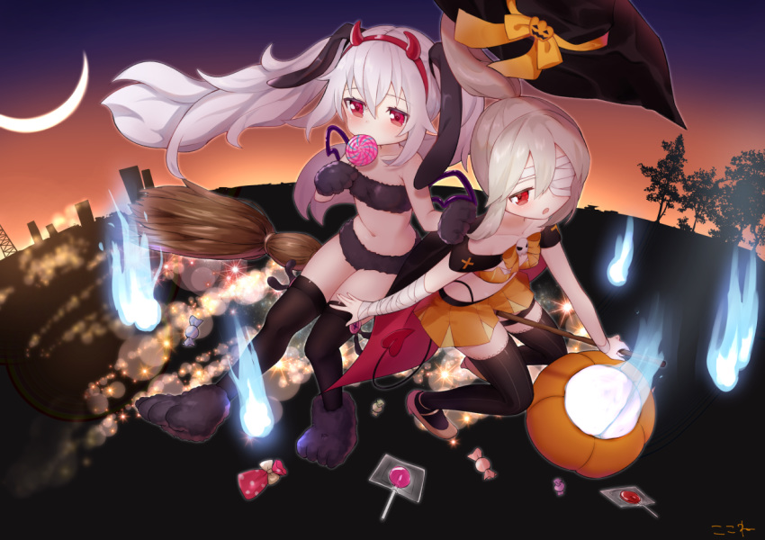 :o animal_ears ayanami_(azur_lane) azur_lane bandage_over_one_eye bandaged_arm bandages bangs bare_shoulders black_hat black_legwear bow broom broom_riding bunny_ears candy candy_wrapper cityscape collarbone commentary_request eyebrows_visible_through_hair fake_horns food fur_bikini gloves gradient_sky hair_between_eyes hairband halloween_basket hat hat_removed headwear_removed holding holding_food holding_lollipop horns jack-o'-lantern koko_ne_(user_fpm6842) laffey_(azur_lane) lollipop long_hair multiple_girls navel orange_bow orange_skirt orange_sky parted_lips paw_gloves paw_shoes paws pink_footwear pleated_skirt ponytail purple_sky red_eyes red_hairband shoes silhouette silver_hair skirt sky spirit sunset swirl_lollipop thighhighs tree twintails very_long_hair witch_hat