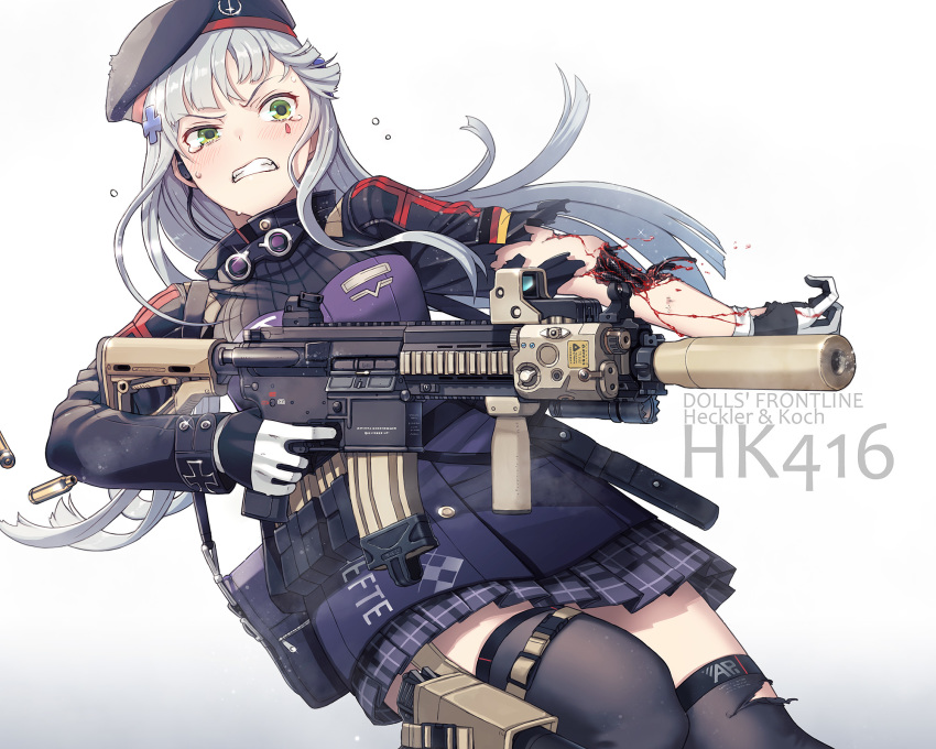 ammunition android assault_rifle bag bangs beret black_legwear blood blunt_bangs commentary_request earbuds earphones facial_mark girls_frontline gloves goggles goggles_around_neck green_eyes grimace gun hair_ornament handgun hat heckler_&amp;_koch highres hk416 hk416_(girls_frontline) holster holstered_weapon injury itou_(onsoku_tassha) parts_exposed pistol plaid plaid_skirt rifle scope shoulder_bag silver_hair skirt suppressor tearing_up tears thighhighs torn_clothes torn_legwear torn_sleeves weapon