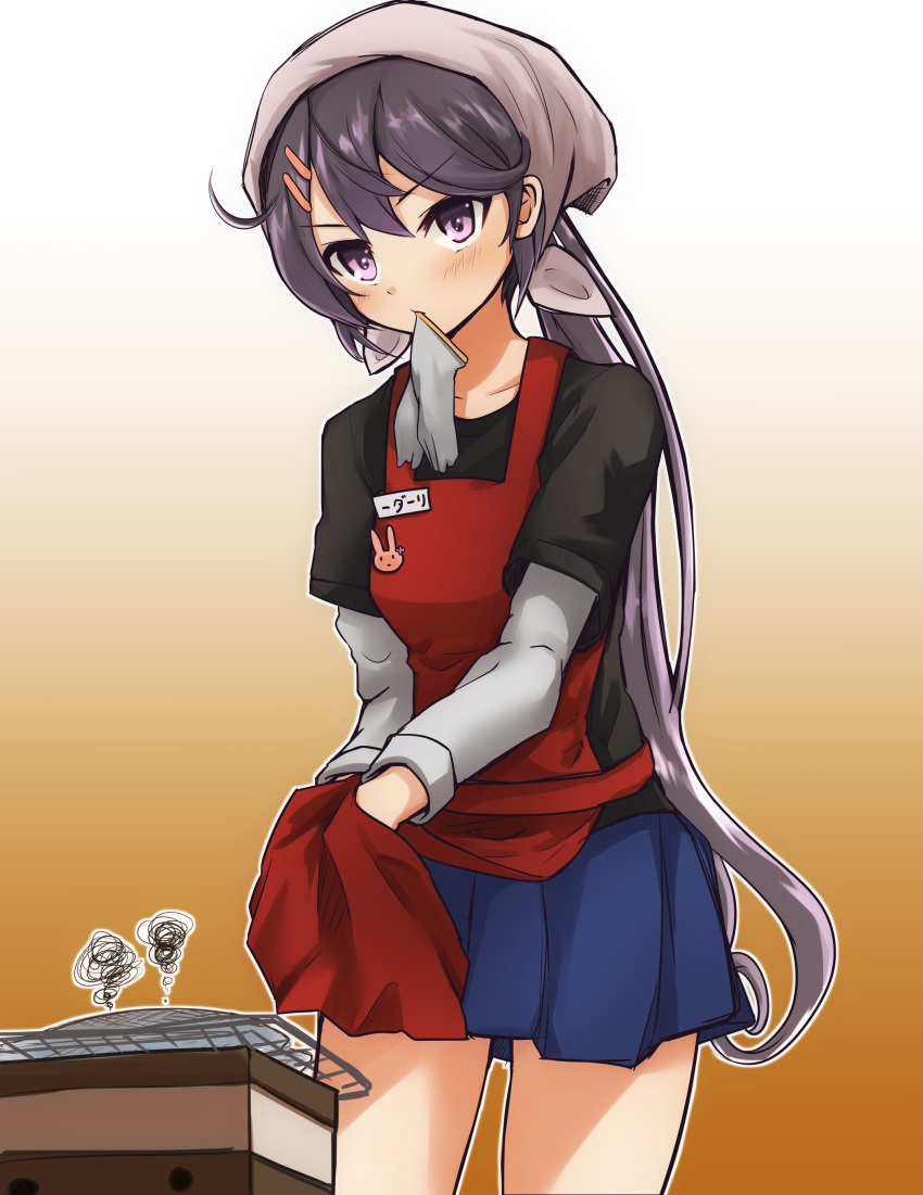 absurdres ahoge akebono_(kantai_collection) apron bangs black_shirt blue_skirt blush brown_background bunny_pin collarbone commentary_request cooking cowboy_shot eyebrows_visible_through_hair fish glove_in_mouth gloves gradient gradient_background grill grilling hair_ornament hairclip highres kantai_collection long_hair long_sleeves looking_at_viewer mouth_hold name_tag outline pleated_skirt ponytail purple_eyes purple_hair red_apron shirt short_over_long_sleeves short_sleeves skirt solo squiggle t-shirt tenugui v-shaped_eyebrows very_long_hair white_outline wiping_hands yankee41