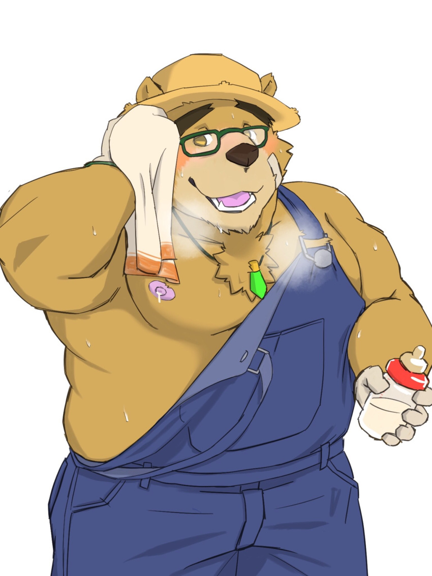 2018 anthro bear belly blush brown_fur clothing eyewear fur glasses hat humanoid_hands male mammal milk moobs morkovjpn nipples overalls overweight overweight_male simple_background solo straw_hat tokyo_afterschool_summoners towel volos white_background